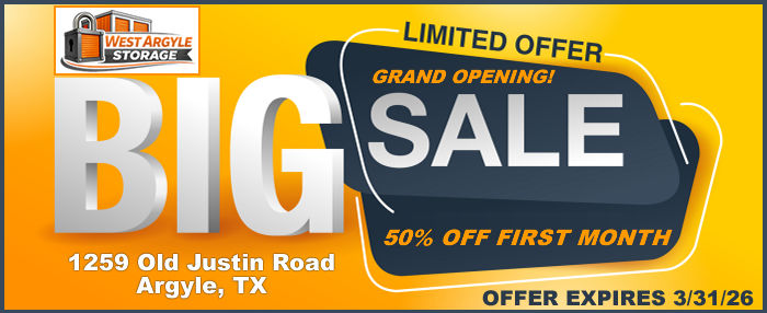 Sale of 50% off first month of renting a storage unit from West Argyle Storage!